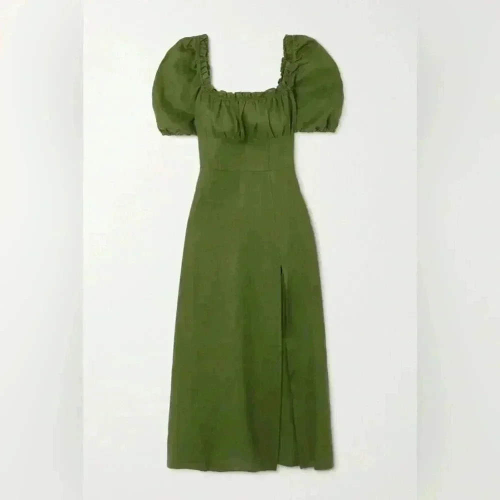 Reformation Jacqueline Linen Midi Dress 0 XS Puff Sleeve Square Neck Ruched Moss - Picture 6 of 10